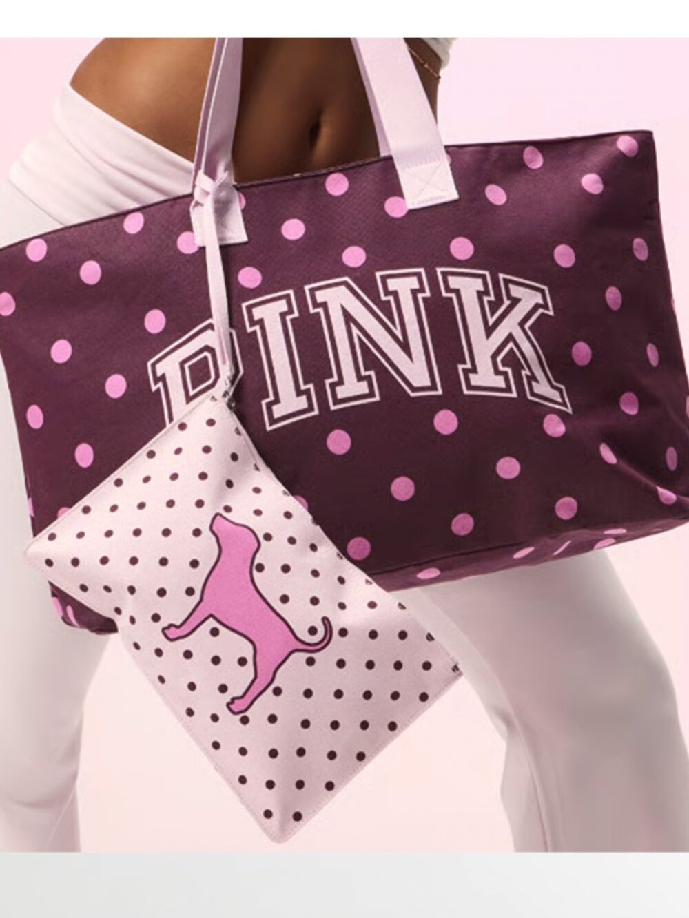 PINK Victoria's Secret Canvas Polka Dot Large Tote With Puppy Pouch - NWT